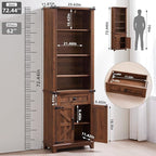 72in Tall Bookshelf 7 Tier Bookcase with Drawer and Barn Doors and Adjustable Shelves, Brown Farmhouse Book Shelf with Storage Cabinet, Wood Freestanding Display Bookshelves for Kitchen (3PCS)