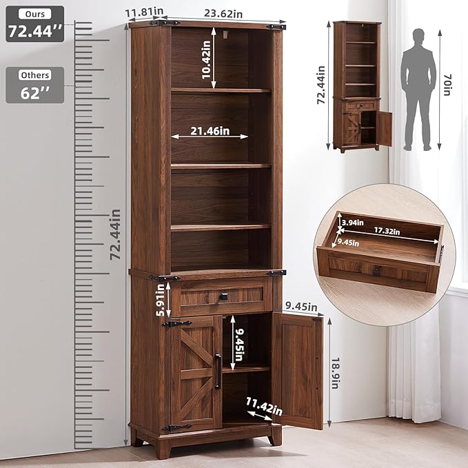 72in Tall Bookshelf 7 Tier Bookcase with Drawer and Barn Doors and Adjustable Shelves, Brown Farmhouse Book Shelf with Storage Cabinet, Wood Freestanding Display Bookshelves for Kitchen (4PCS)