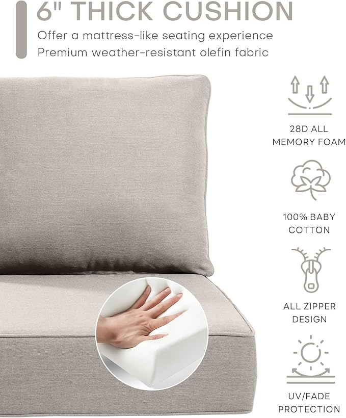 Luxury 22x24/22x25 6-Inch Outdoor Furniture Cushions Set of 6 - Comfortable Deep Seat Patio Zipper Chair Cushion for Wicker Dining Rocking Swivel Chairs Loveseat Couch Sectional Sofa - Beige
