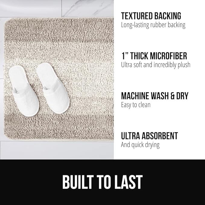 GORILLA GRIP Ultra Soft Plush Bathroom Rugs with Textured Rubber Backing, 40 x 24 Absorbent Quick Dry Bath Mat, Machine Washable Shower Mats, Home Décor Accessories Bathmat Rug Essentials, Beige
