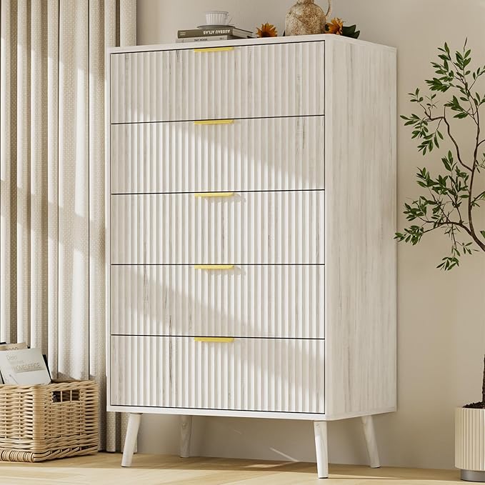 LYNSOM Fluted Dresser and Nightstand Sets 2 Piece, 1-Drawer Nightstands and 5-Drawers Dresser, Wood Bedroom Furniture Set for Home, Bedroom, Hallway, White