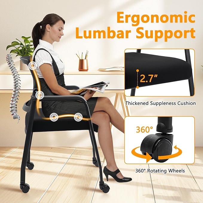 4PK Office Guest Chairs No Wheels | Ergonomic Lumbar Support and Thicked Seats Cushion, Desk Chair with Adjustable Mesh Back for Waiting Room School Church Reception，Black
