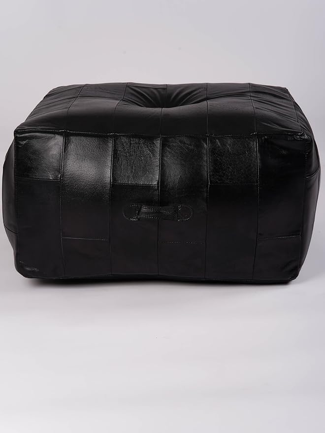 Handmade Eco-Friendly Geometric Leather Pouf Black Color Square 26" x 26" x 14" Buffalo Leather Pouf for Living Room, Bedroom Seating, Patio