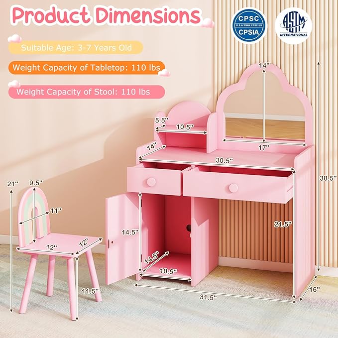 Costzon Kids Vanity, 2 in 1 Girls Vanity Set with Mirror, Drawers, Storage Shelf & Cabinet, Toddler Makeup Desk Dressing Table, Kids Vanity Table and Chair Set for Little Girls (Pink)