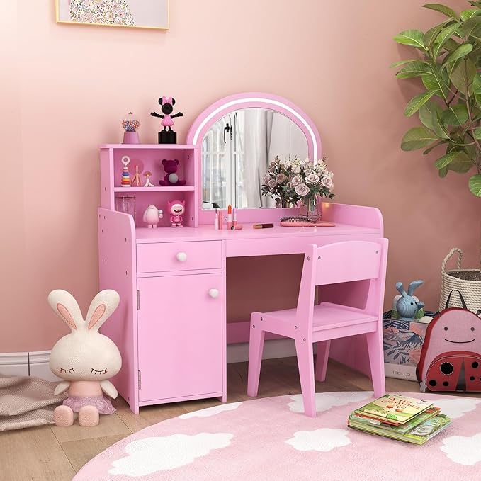 GLACER Kids Vanity, Wooden Toddler Vanity with Lighted Mirror, Drawer & Cabinet, Storage Shelves, Princess Kids Vanity Table and Chair Set, Girls Vanity for Little Girls Ages 3+ (Pink)