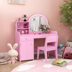 HONEY JOY Kids Vanity with Lights, Little Girls Vanity Set with Mirror and Stool and Lights, Wooden Princess Makeup Dressing Table, Storage Cabinet, Pretend Play Kids Vanity Table and Chair Set(Pink)