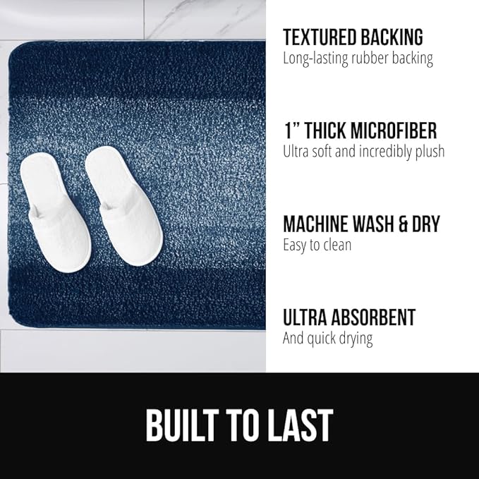 GORILLA GRIP Ultra Soft Plush Bathroom Rugs with Rubber Backing Set of 2, Absorbent Quick Dry Bath Mat, Machine Washable Shower Mats, Home Décor Accessories Bathmat Rug, 24x16 and 30x18 Navy