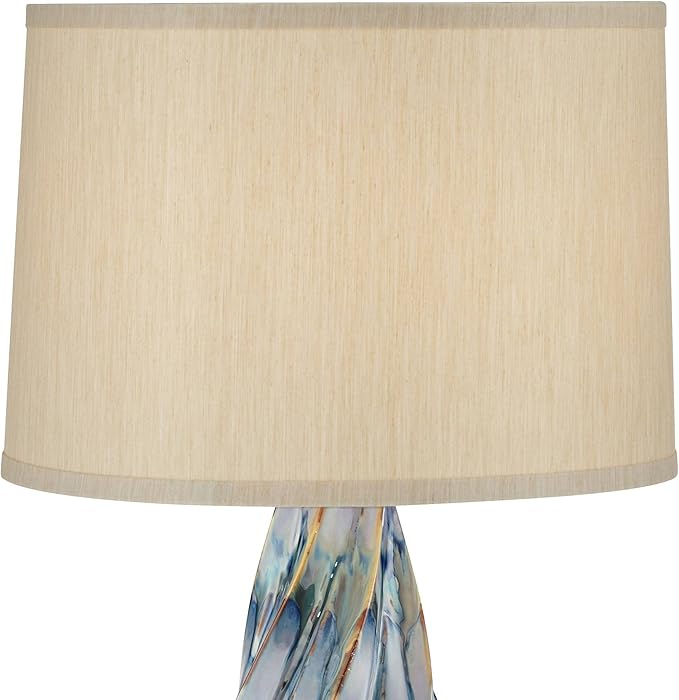 Possini Euro Design Teresa Coastal Modern Table Lamp with Round Riser 32.5" Tall Blue Teal Drip Ceramic Beige Drum Shade Living Room Bedroom House Bedside Nightstand Home Office (Color May Vary)