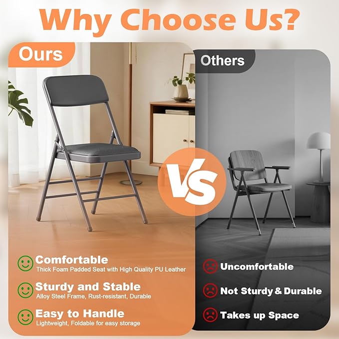 Commercial Grade Folding Chair with Padded Fabric Cushion（16"X16" |Double-hinged Legs Luxury Style|4.5kg Capacity Max Weight 150Kg for Home and Office,Indoor and Outdoor Events (2, PU-Gray)