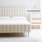 Livinia Full Size Elton Velvet Platform Bed, Upholstered Bed Frame with Vertical Channel Tufted Headboard Footboard, Strong Wood Slats, No Box Spring Needed, Ivory (Full)