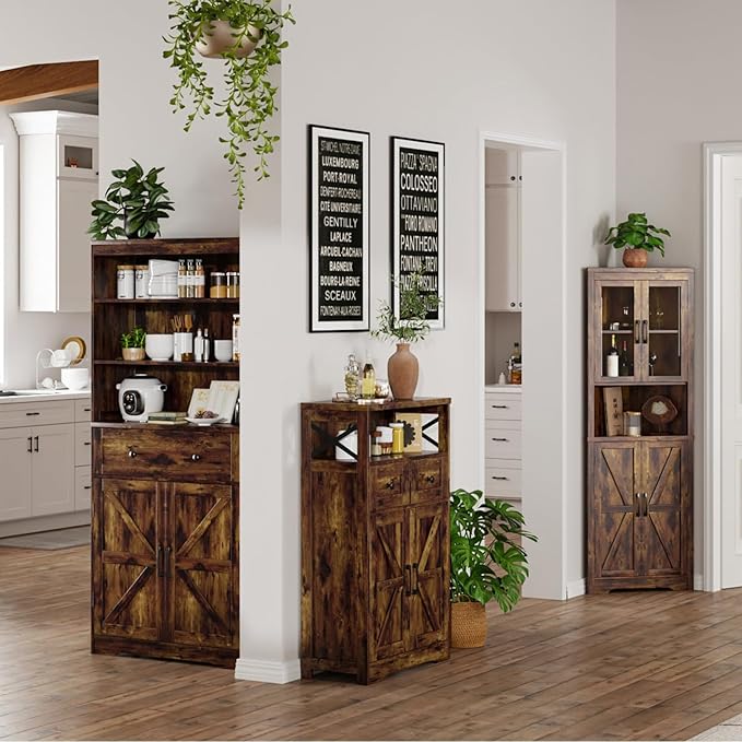 Rustic Brown Farmhouse Storage Cabinet with Barn Doors and Shelves, Freestanding Kitchen Pantry Storage Cabinet, Coffee Bar Station, Hutch Cupboard for Kitchen, Dining Room, Livingroom