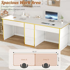 4 EVER WINNER Two Person Desk with Drawers, 78.72 Inch Extra Long Computer Desk with 5 Storage Drawers, Study Writing Desk with Storage Shelves for Home Office, White and Gold Desk