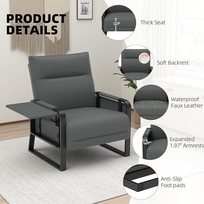 Upholstered Accent Chair, Modern Faux Leather Sofa Chair with Foldable Side Tray Table & Storage Pocket, Small Accent Sofa for Living Room, Bedroom, Reception Room, Gray