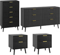 LYNSOM Fluted Dresser and Nightstand Sets 4 Piece, 2-Drawer Nightstands and 5/6 Drawers Dresser, Wood Bedroom Furniture Set for Home, Bedroom, Hallway, Black