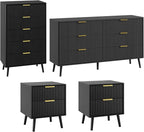 LYNSOM Fluted Dresser and Nightstand Sets 4 Piece, 2-Drawer Nightstands and 5/6 Drawers Dresser, Wood Bedroom Furniture Set for Home, Bedroom, Hallway, Black
