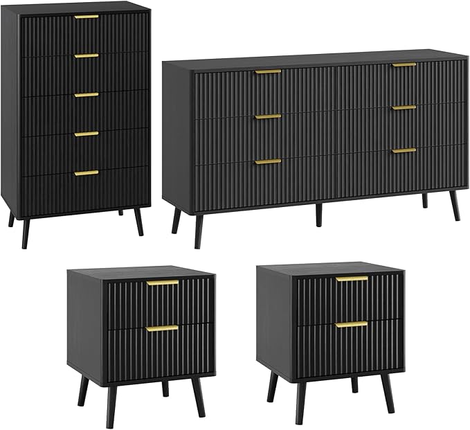 LYNSOM Fluted Dresser and Nightstand Sets 4 Piece, 2-Drawer Nightstands and 5/6 Drawers Dresser, Wood Bedroom Furniture Set for Home, Bedroom, Hallway, Black