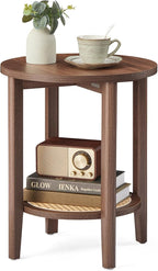 VASAGLE Round Side End Table, 2-Tier Boho Bedside Table with Rattan-Look Storage Shelf, Nightstand for Small Spaces, for Living Room, Bedroom, Home Office, Black Walnut ULET296K01