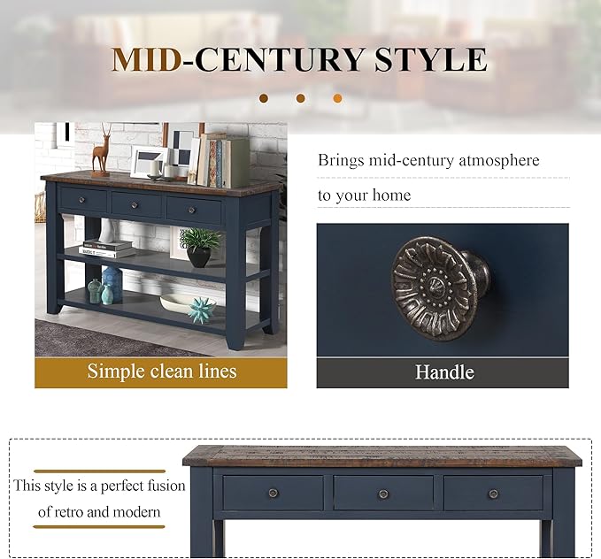 LKTART Solid Wood Console Table Sofa Table with Storage Drawers and Bottom Shelf Entryway Table for Entry Hallway Foyer Sofa Couch Table Easy Assembled (48.8" Blue)