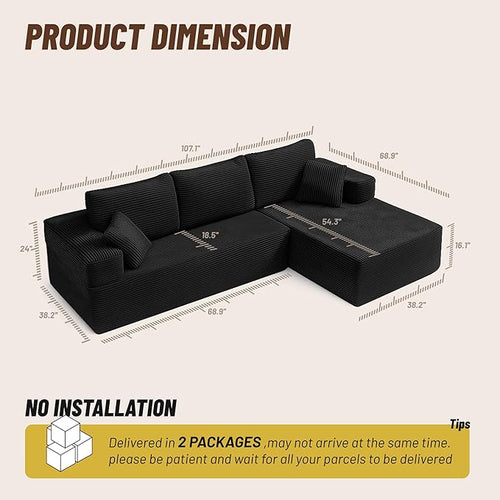 107" Boneless Couch with Deep Seat, Modular Sectional Sofa, Cloud Sectional Couch for Living Room, No Assembly Required, Corduroy, L-Shape Right，Black