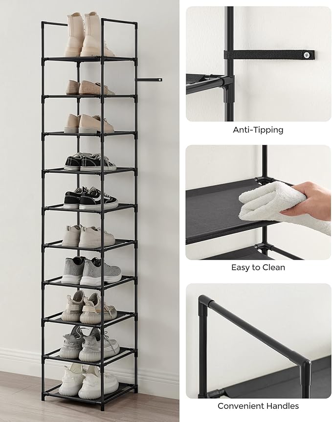 SONGMICS Shoe Rack, 10-Tier Shoe Shelf, Shoe Storage Organizer, 13 x 13 x 68 Inches, Metal Frame, Non-Woven Fabric Shelves, for Entryway, Bedroom, Black ULSR110B02