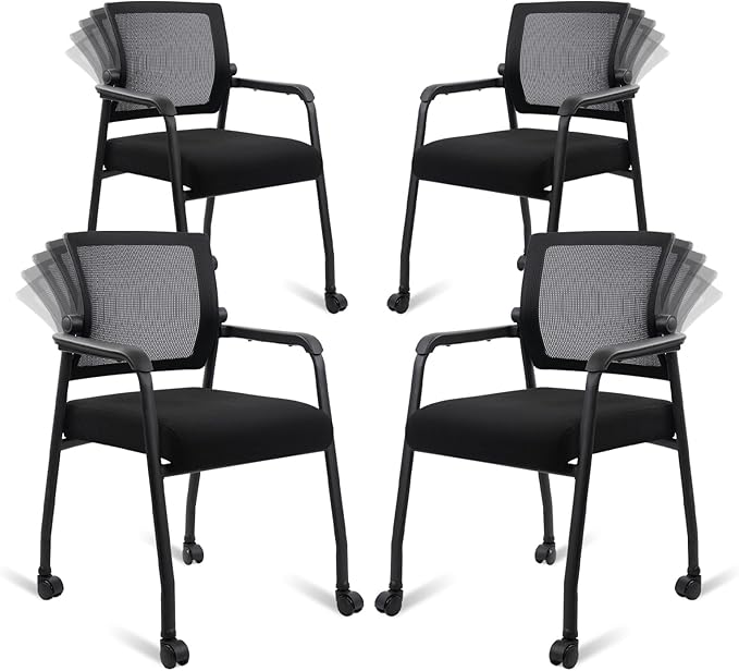 4PK Office Guest Chairs No Wheels | Ergonomic Lumbar Support and Thicked Seats Cushion, Desk Chair with Adjustable Mesh Back for Waiting Room School Church Reception，Black