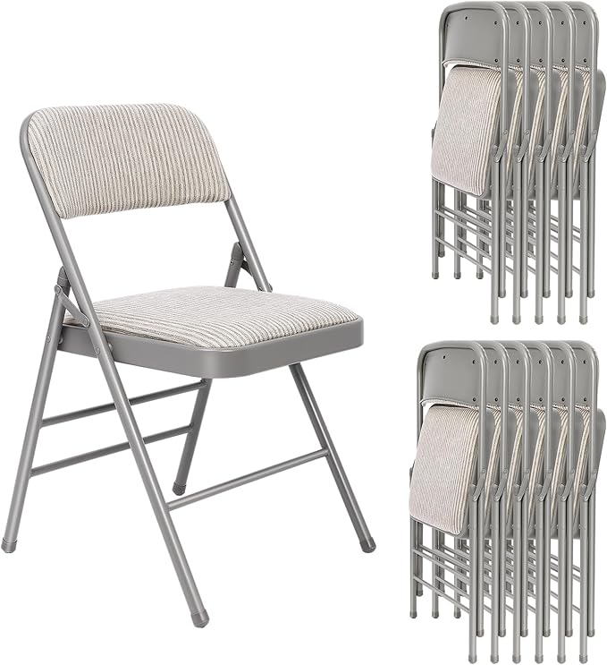 12 Pack Folding Chairs Fabric Dining Chair Set with Padded Cushion and Back, Indoor Outdoor Foldable Seat with Steel Frame for Home Office Events Wedding Party, Oatmeal Strip Seating