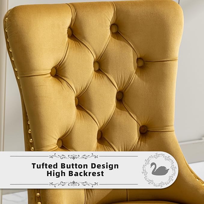Velvet Upholstered Dining Chairs Set of 8, Modern Style Kitchen Side Chairs with Nailhead Trim and Gold Plated Leg, Metal Pulling Ring for Dining Room Living Room(Gold-Gold Plated Leg)
