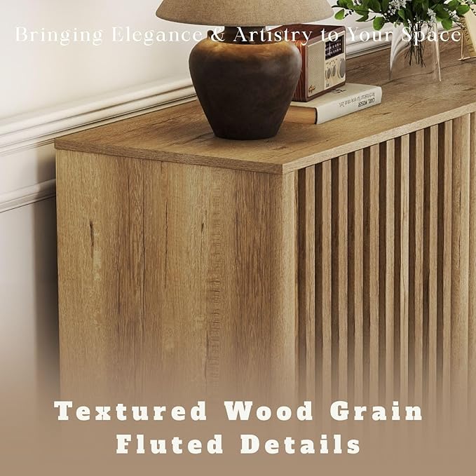 LukeAlon Fluted Sideboard Cabinet with Storage, Farmhouse Boho Accent Buffet Cabinet, 31.5" Height Wooden Small Credenza Cabinets for Living Room Dining Room Entryway Hallway, Natural Wood Color