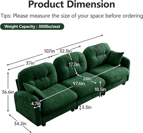 107" Sofas for Living Room, Comfy Chenille Fabric Cloud Sectional Couch, Modern Upholstered Deep Seat Sofa with Armrest Pillow, 3 Seater Couch for Small Spaces Apartment, Green