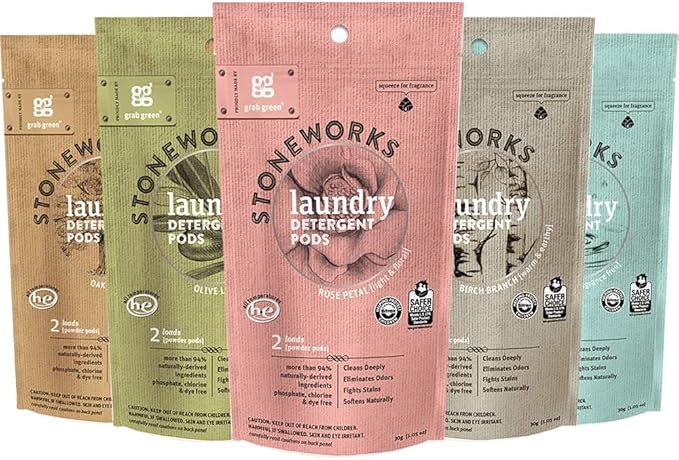 Grab Green Stoneworks Laundry Detergent Pods Sample Kit, 10 Count, Birch Branch, Fragrance Free Rain, Oak Tree, Olive Leaf, Rose Petal Scents, Plant a Tree
