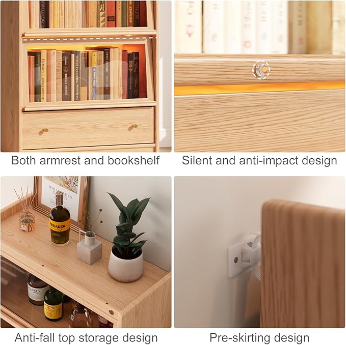 74"H Tall Soild wood Bookcase with 3 color LED light and Glass Door, 5 -Tier Wooden Book case and bookshelf, Large Display Storage Organizer Cabinet with Shelves for Study Home Office Living Room