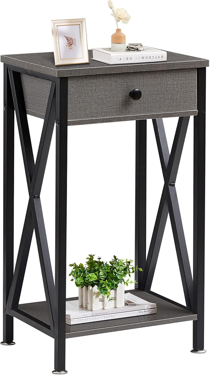 VECELO Tall Nightstand Set of 2,27.6 inch Wooden End Table with Metal X-Frame,Side Table with Drawer and Storage Shelf for Living Room Bedroom Entryway Small Spaces