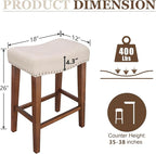 PrimeZone Counter Height Bar Stools Set of 6 - Backless Saddle Barstools with 4.3" Thick Upholstered, Nailhead Trim Linen Fabric & Solid Wood Legs, 26 Inch Counter Stools for Kitchen Island, Beige
