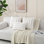 FUTEI Cream White Decorative Throw Pillow Covers 26x26 Inch Set of 2, Square Soft Faux Rabbit Fur Thick Striped Euro Pillow Shams,Winter Home Decor for Couch Bed Living Room