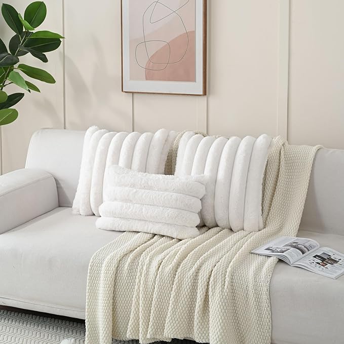 FUTEI Cream White Decorative Throw Pillow Covers 16x16 Inch Set of 2, Square Soft Faux Rabbit Fur Thick Striped Cushion Cover,Winter Home Decor for Couch Bed Living Room