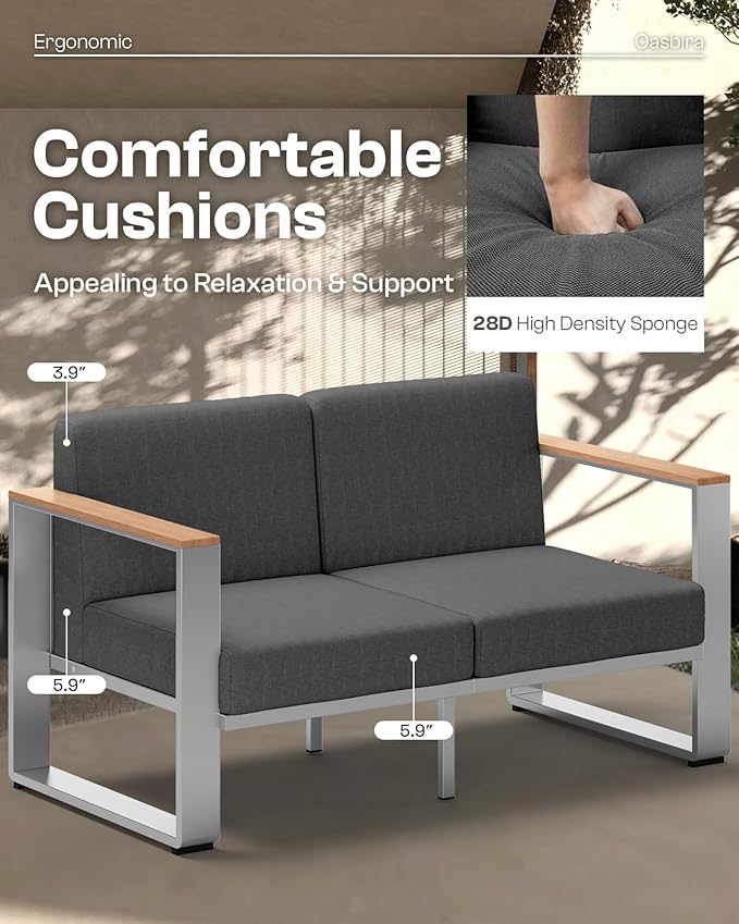 Aluminum Outdoor Furniture Set, 4 Seats Outdoor Patio Conversation Sets with Ergonomic Seat and Wide Thick Cushions, Modern Patio Sectional Furniture for Balcony, Porch (Teak-Charocal)