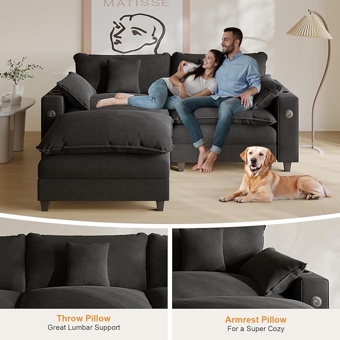 Cloud Couch, Modular Sectional Sofa with Ottoman, Charging Station, Throw Pillows, Cup Holders, Modern Convertible L Shaped Couches for Living Room, Bedroom (Classic Black, 80.7"- L Shape)