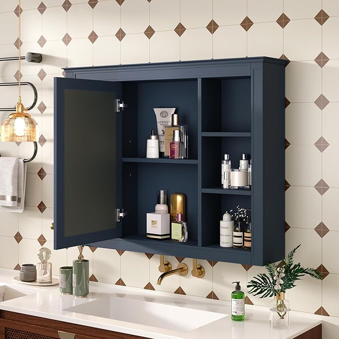Bathroom Wall Cabinet with Mirror, 35'' x 27.5'' Medicine Cabinet with Mirror Door and Adjustable Shelves, Over Toilet Storage Cabinet, Wall-Mounted Bathroom Mirrors for Over Sink with Storage