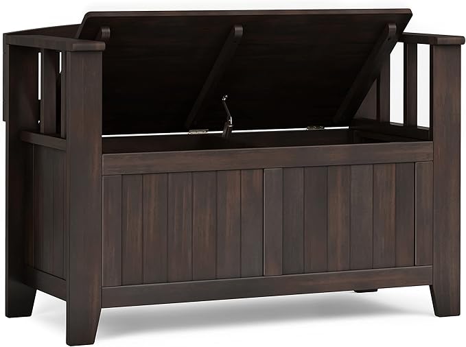 SIMPLIHOME Acadian Entryway Storage Bench - 36 inch Wide Solid Wood Small Hallway Seat in Brunette Brown, Transitional Bench for Mudroom with Lift-Up Lid, 2 Compartments and Slatted Backrest