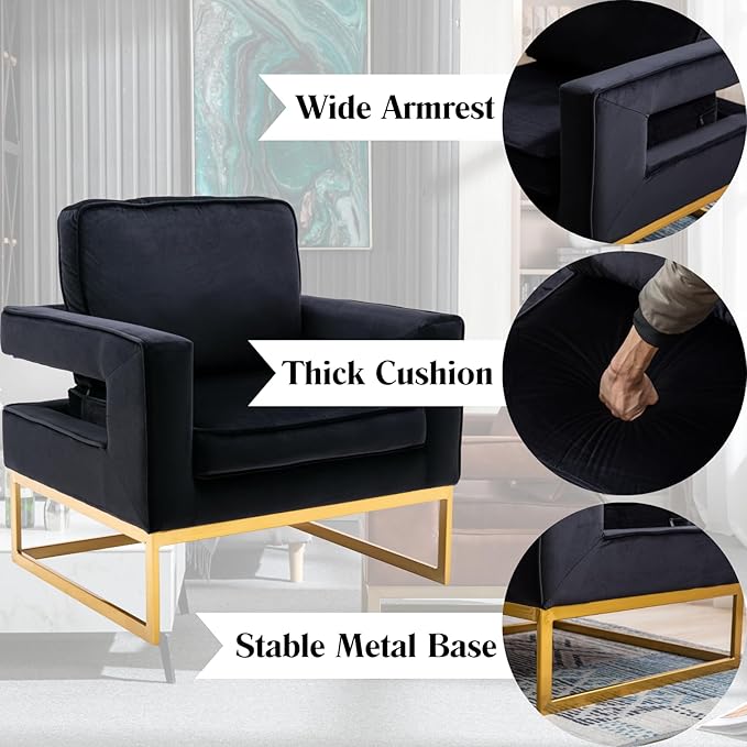 Modern Accent Chair, Velvet Upholstered Side Chair with Backrest, Comfy Armchair Side Chair with Golden Metal Base for Living Room Reception Room, 1PC, Black