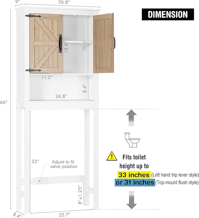 Spirich Over The Toilet Storage Cabinet, Farmhouse Over Toilet Bathroom Organizer with Wood Grain Barn Doors and Adjustable Shelves