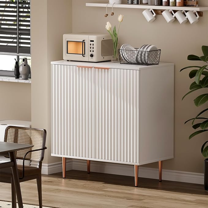 EOYUTLLY White Fluted Buffet Storage Cabinet,Wood Sideboard Buffet Cabinet with Adjustable Shelf & Rose Gold Colored Metal Legs, Accent Cabinet for Living Room,Kitchen, Assemble Easily