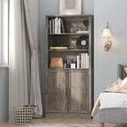 72'' Tall Bookcase with Doors, Adjustable Shelves, P2 MDF Construction, 32'' Wide Freestanding Cabinet with Metal Handles, Hidden Storage for Living Room, Bedroom, Grey