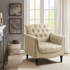 Faux Leather Accent Chair, PU Leather Modern Comfy Upholstered Armchair with Wood Legs & Nailhead Trim for Living Room, Bedroom (Beige,Set of 2)