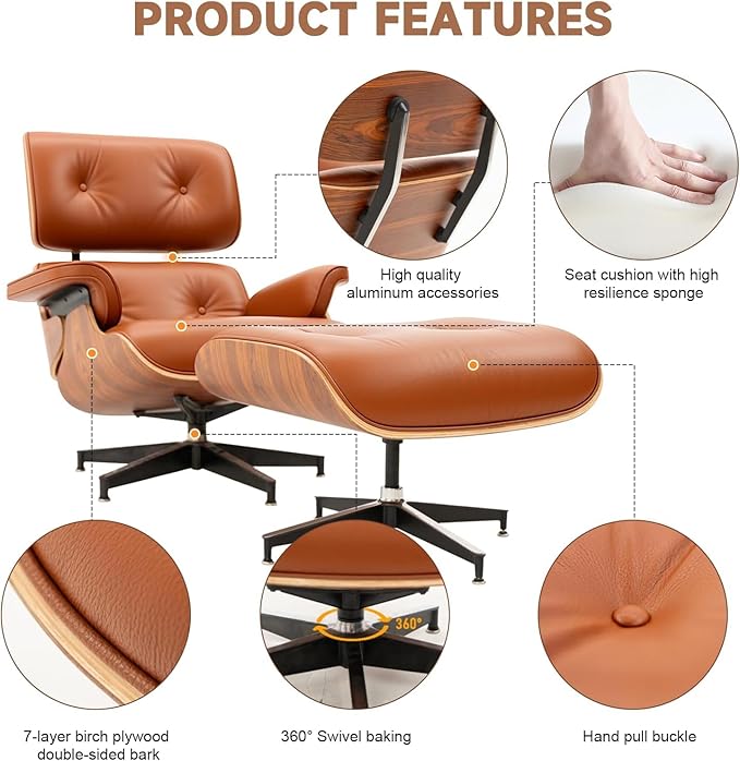 Top Grain Leather, Mid Century Chaise Lounge Chair and Ottoman, Modern Chair Classic Design, Heavy Duty Base Support for Living Room Study Lounge Office, Palisander-Brown, Heightening