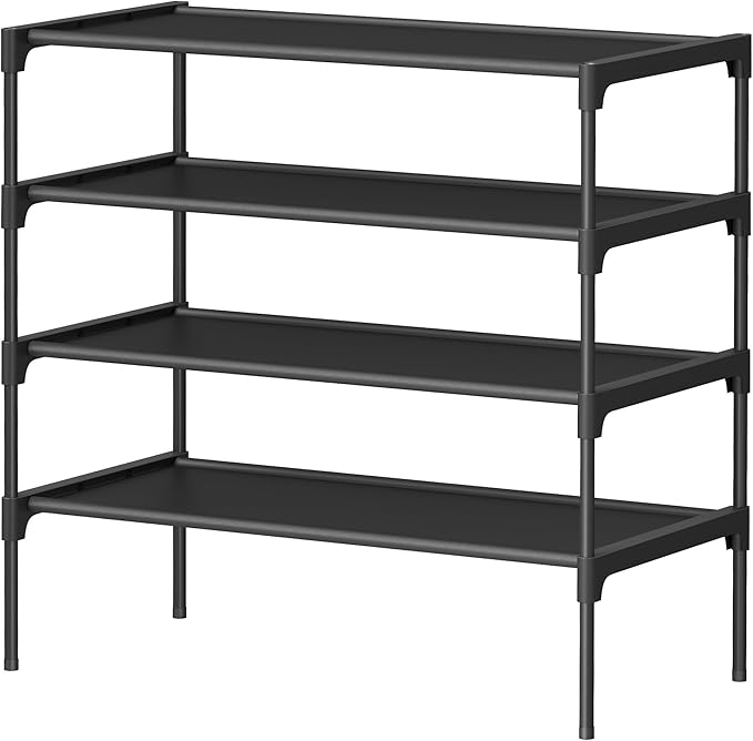 SONGMICS Shoe Rack, 4-Tier Shoe Storage Organizer, Space-Saving, 11.6 x 24.5 x 27.7 Inches, Entryway, Metal Frame, Non-Woven Fabric Shelves, Ink Black ULSH024BH01S