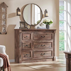 Farmhouse 6 Drawers Dresser for Bedroom, 48" Wide Large Dressers & Chests of Drawers w/Roman Column, Storage Dressers Organizer for Bedroom, Hallway, Living Room, Light Brown