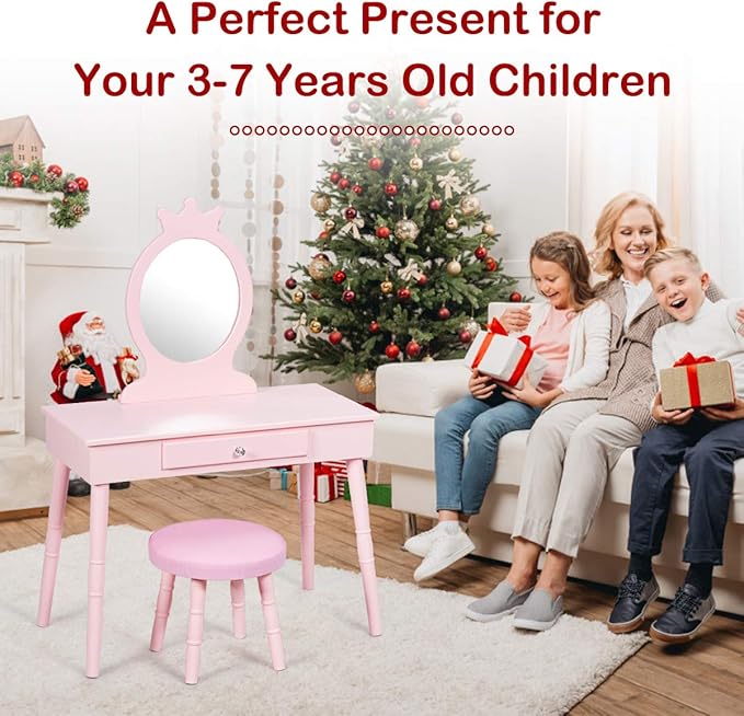 Costzon Kids Vanity Set, Wooden Princess Makeup Table with Cushioned Stool, Large Drawer, Solid Wooden Legs and Crown Mirror, Pretend Beauty Make Up Dressing Play Set for Girls Best Gift (Pink)