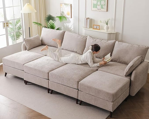 135'' Modular Sectional Sofa with All Seats Storage, Oversized Sleeper Sofa Bed for Living Room,4-Seater Comfy Cloud Couches with Movable Ottoman,Big Sectional for Bedroom,Velet,Khaki