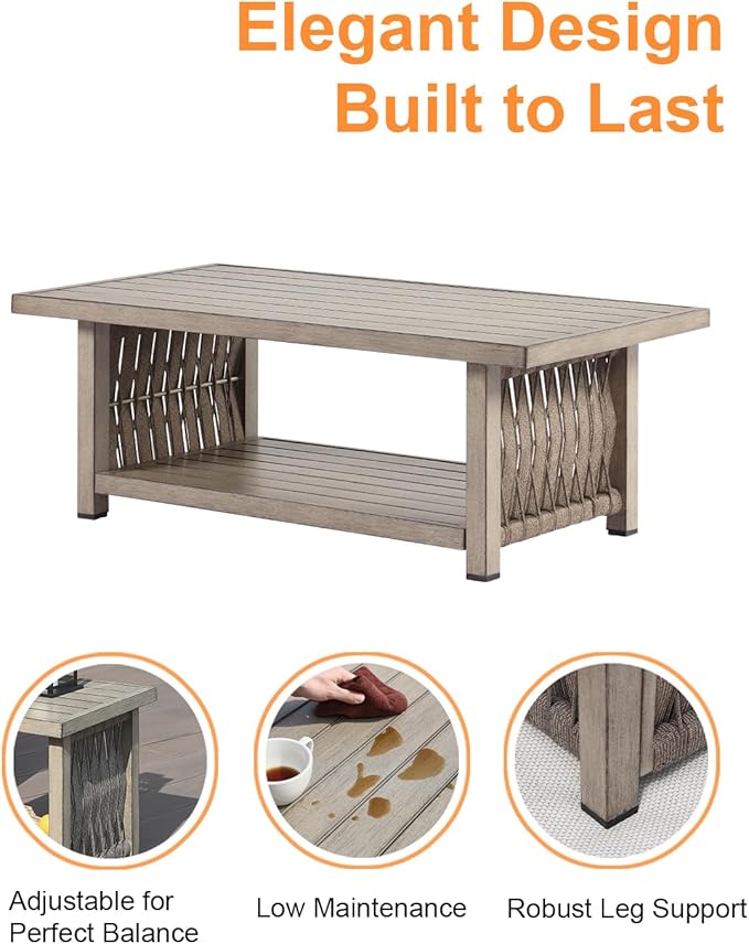 Outdoor Coffee Table, Aluminum Rope Weave Patio Coffee Table, Weatherproof Outside 2-Tier Rectangle Outdoor Patio Furniture for Garden, Pool, Outside, Decks, Gray Oak